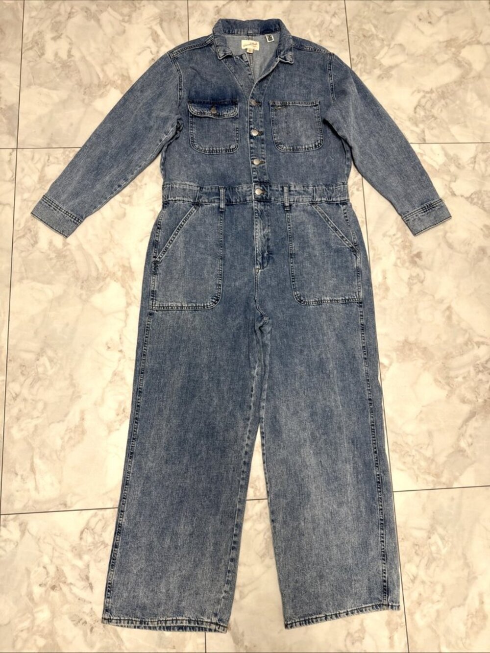 Denim Jumpsuit Womens 14 Coveralls Distressed Blue Long Sleeve Utility Wide Leg